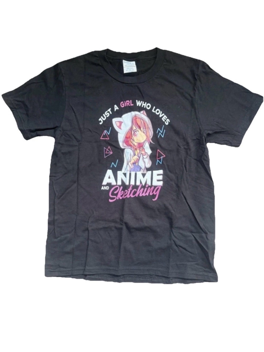 Girls Sz M (9/10) Anime & Sketching Graphic Tee Black Pink Cotton Blend NWOT